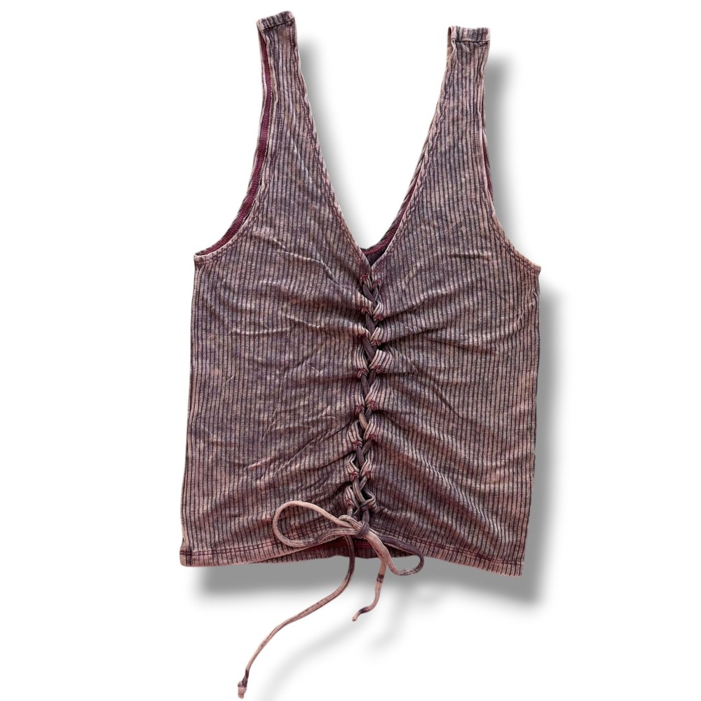 American Eagle Soft & Sexy XS Mauve Acid Wash Ribbed Lace Up Crop Tank Top Boho